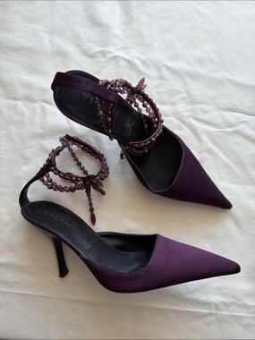 Vicini Plum Pointed-Toe Heels with Beaded Ankle Straps